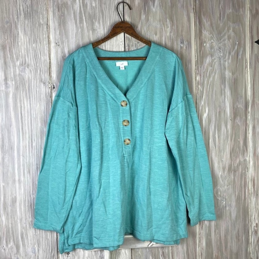 J Jill Turquoise Blue V Neck Button Henley Pullover Sweater Tunic Womens Size L